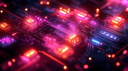 Obraz premium glowing neon circuit board close-up with microchip in the middle. ai technology innovation, digital intelligence, machine learning, hardware, computing