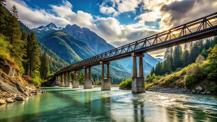 Obraz premium tall bridge over river in mountainous region with selective focus