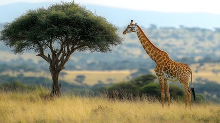 a peaceful scene of a giraffe stretching its long neck to reach the leaves of a tall acacia tree. the vast savannah stretches out in the background.