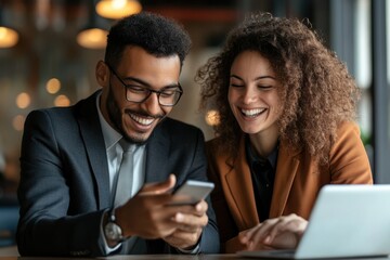 Two business professionals, a man and a woman, are reviewing information on a smartphone