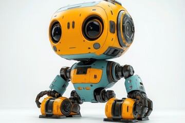 A friendly, small, blue and orange robot with large eyes sits on a white background.