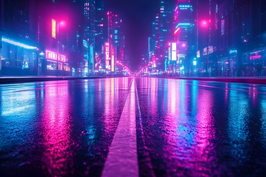 Neon Lit Nocturnal City Street with Futuristic Atmosphere and Empty Road