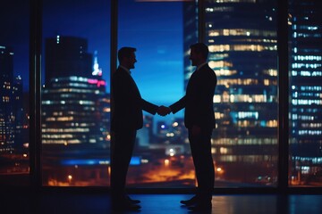 Two business professionals shake hands in a corporate setting, with a cityscape visible through
