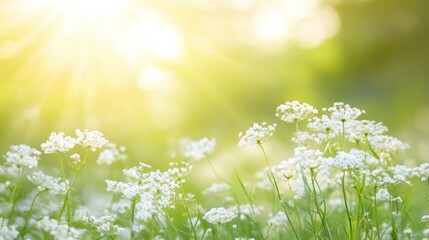 Fototapeta premium Soft sunlight filters through a lush green meadow adorned with delicate wildflowers, creating a serene afternoon atmosphere