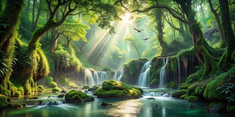 Sunbeams Illuminate a Cascading Waterfall in a Lush, Verdant Forest, As Birds Soar Through the Air