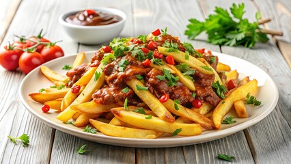 A savory dish of crispy golden fries, adorned with a vibrant red chili sauce and fresh, green parsley, all served on a clean white plate.