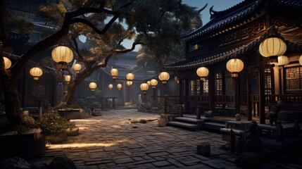 Ancient Chinese Courtyard at Dusk