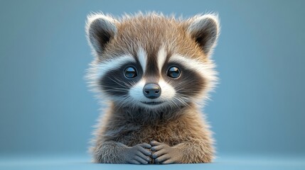 Fototapeta premium A cute baby raccoon with big, curious eyes and fluffy fur looking directly at the camera.