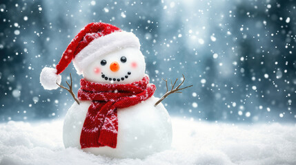 Charming snowman in winter wonderland with festive hat scarf