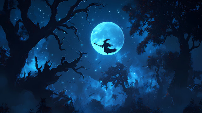 Night Moon in a Blue Dark Sky: 3D Halloween Illustration with Witch and Stars