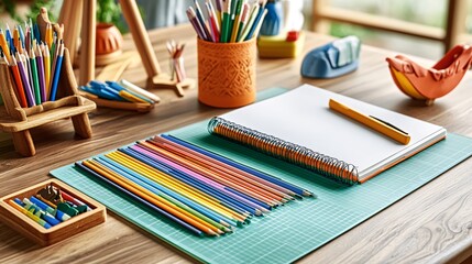 Naklejka premium An artist's workspace with colorful pencils, a notebook, and other tools on a wooden desk.