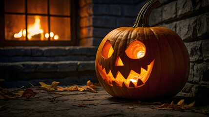 halloween pumpkin in the fireplace, jack o lantern, horro