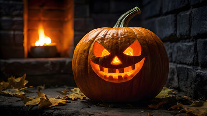 halloween pumpkin in the fireplace, jack o lantern, horro