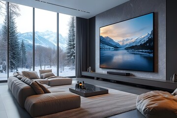 Fototapeta premium Elegant Modern Living Room with Large TV Screen and Comfortable Sofa Home Entertainment in Scenic