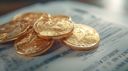 Macro shot of golden coins scattered over financial paperwork representing wealth prosperity and successful financial management
