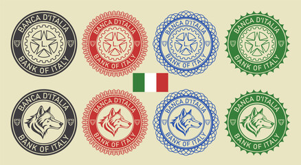 Vector graphic set of financial fictional european seals. Round icons with head of wolf and star, gear. Italian inscription means Bank of Italia.