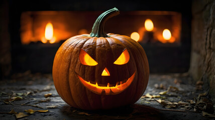 halloween pumpkin in the fireplace, jack o lantern, horro