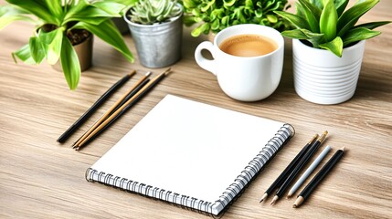 Blank notebook with pens, coffee, and plants on a wooden desk.