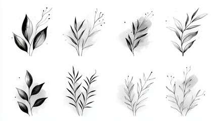 Hand Drawn Black and White Floral Branch Set  Watercolor  Botanical Illustration  Greenery Clipart  Leaf Clipart  Minimalist Decor