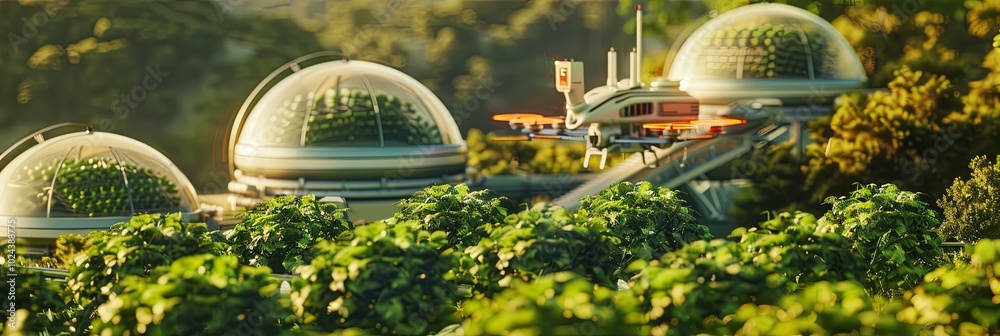 Aufkleber an advanced agricultural facility uses drones, sensors, and ai to monitor and enhance crop growth ef