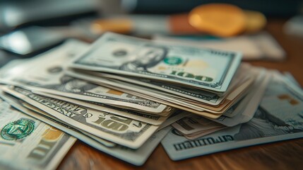 Fototapeta premium Neatly Arranged Banknotes and Credit Cards Spread on a Desk Symbolizing Efficient Financial Organization and Accounting Practices for Business or Personal Use