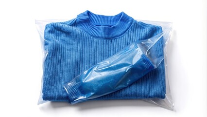 Blue jumper in white plastic mailing bag on white background