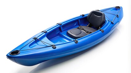 Blue kayak with seat and storage hatch on white background, medium shot