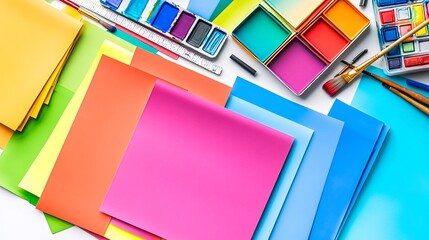 Colorful art supplies on a white background with  paper, paint, and brushes.