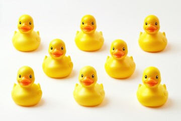 Yellow rubber duck on white background. perspective positions many different angle