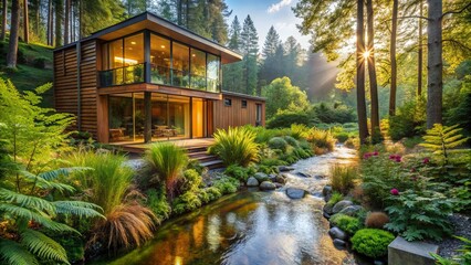 Modern Architecture Nestled Amidst Lush Greenery and a Tranquil Stream Flowing Through a Serene Forest