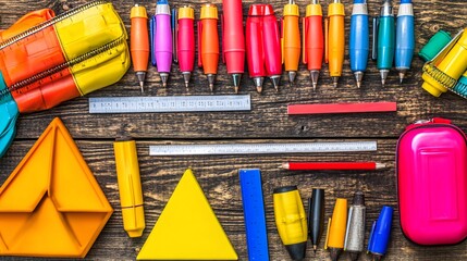 Colorful stationery set on a wooden surface.