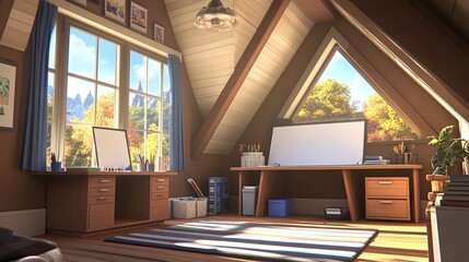 Naklejka premium Cozy attic room with two desks and a window overlooking a scenic landscape.
