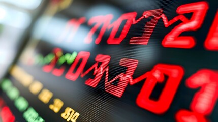 Macro close up view of a digital market ticker display showing declining prices and red numerical data with downward pointing arrows representing a bearish market trend and financial loss