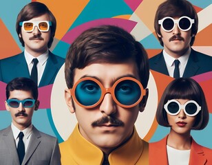 Groovy women and man in 70s style. People in hippie clothes and sunglasses take selfies at retro-style party. Colorful illustration