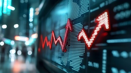 Macro close up of a digital ticker or financial dashboard showing red numbers and downward trending arrows representing a decline in the market or economy