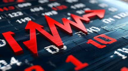 Macro shot of a declining ticker display with red numbers and downward facing arrows representing a bearish financial market or economic downturn in a clean modern and abstract design