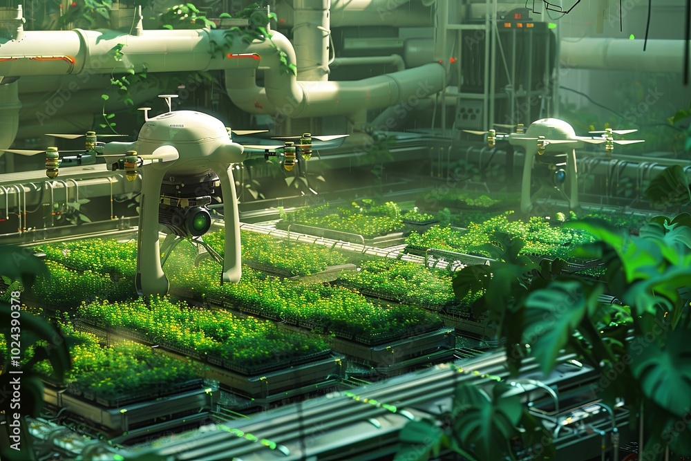Poster Drones and robots equipped with sensors actively monitor and improve crop health in a modern farm environment managed by AI technology. Generative AI