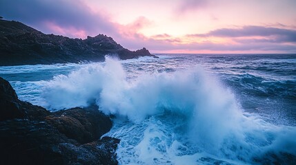 Obraz premium Dramatic waves crashing against rocky coastline at sunset.