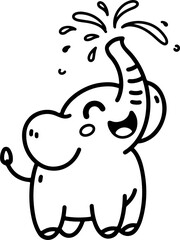 cartoon elephant spraying water, hand-drawn in line art style. Vector illustration, isolated for easy use in kid's designs, playful projects, and jungle themes.