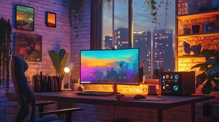 Modern Gaming Setup with City View