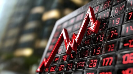 Close up macro photography of a ticker display board with red digital numbers and downward trending arrows indicating a declining financial market and bear market conditions