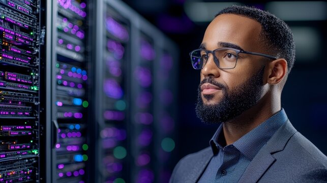 Data Center Technician Looking at Servers with Confidence