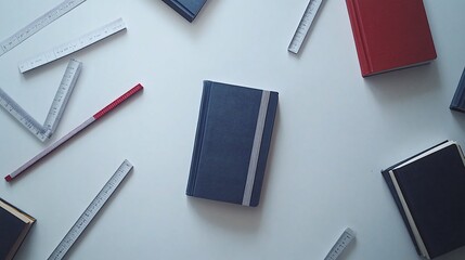 Flat lay of  a notebook and stationary on a white surface.