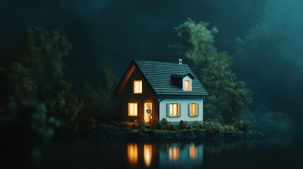 Fototapeta premium Enchanting Cottage Reflection in Serene Lake at Twilight