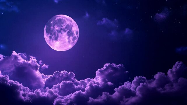 Beautiful Moon in the Skies. Flying Over the Infinite Clouds with the Night Moon Shining Seamless. Looped 3d Animation with Moonlight Over the Horizon. Halloween