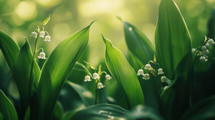 Close-up of Lily of the Valley leaves and flowers with a shallow depth of field