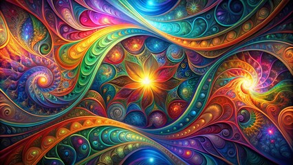 A vibrant abstract painting featuring intricate swirls and patterns in a kaleidoscope of colors, radiating a sense of energy and movement.