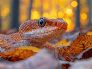Obraz premium A close-up of a vibrant orange snake resting among autumn leaves with a blurred background.