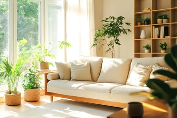 A bright, airy living room featuring minimalist design with a cozy beige couch and wooden