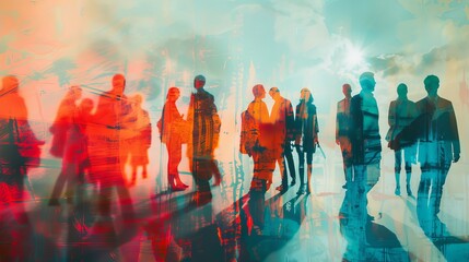 Universal business website header with silhouetted professionals and double exposure of economic growth graph and financial data chart, perfect for corporate branding and digital presentations